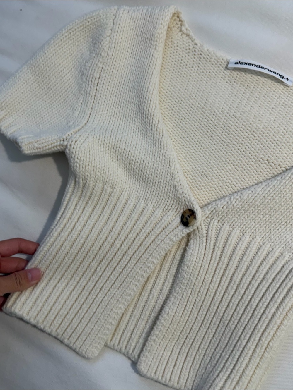 Alexander Wang Cream Short-Sleeve Ribbed V-Neck Cardigan